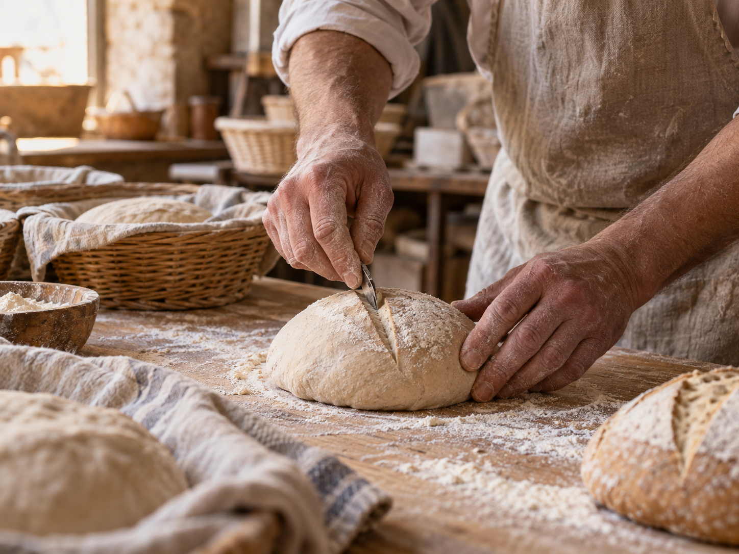 Boulanger façonnant et scarifiant un pain au levain